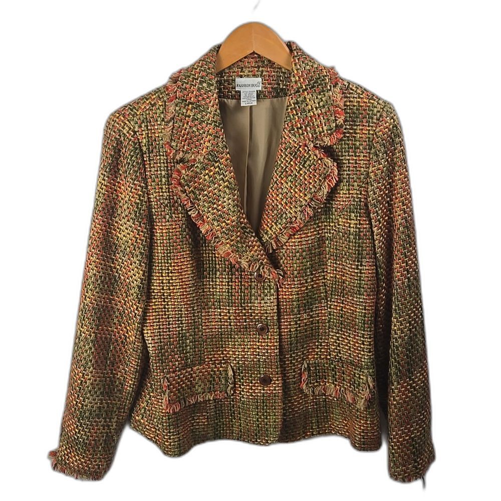 Y2K Women's Multicolor Tweed Fashion Bug Blazer Sz L, Business, Academia, Boho